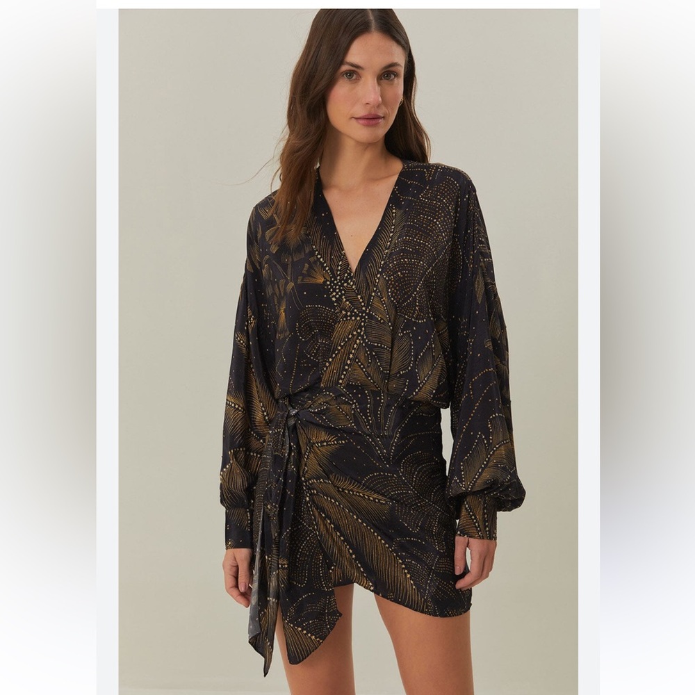 FARM Rio Black and Gold Printed Mini Wrap Dress